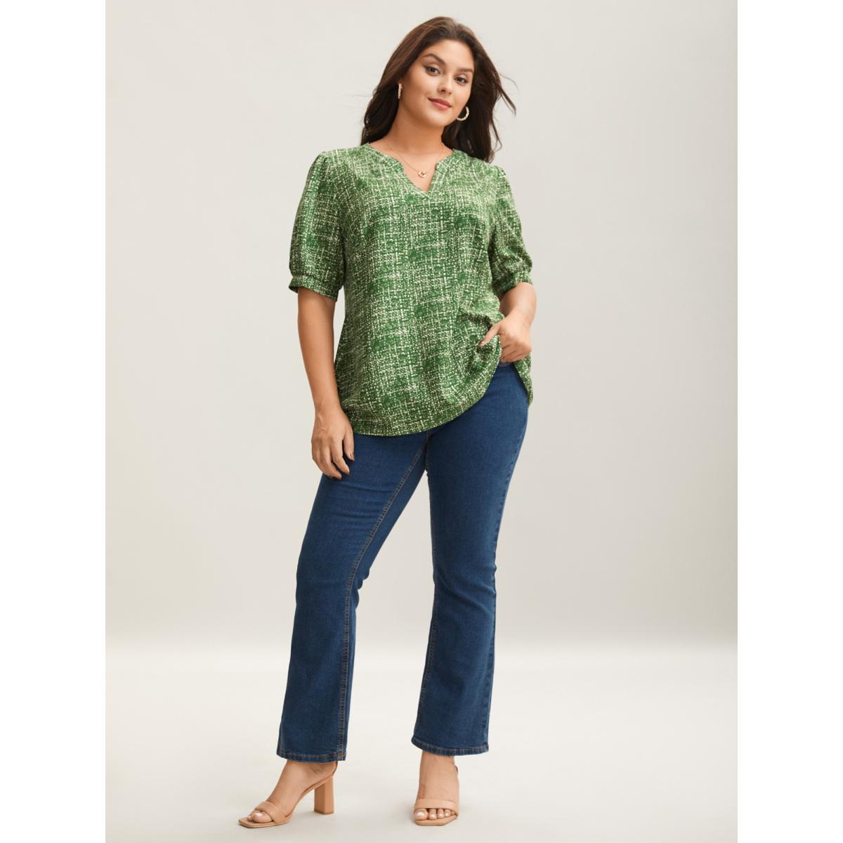 Plus Size Truegreen Geometric Print Puff Sleeve Blouse Women Office Short sleeve Flat collar with V-notch Office Blouses BloomChic 30/6X Product Image