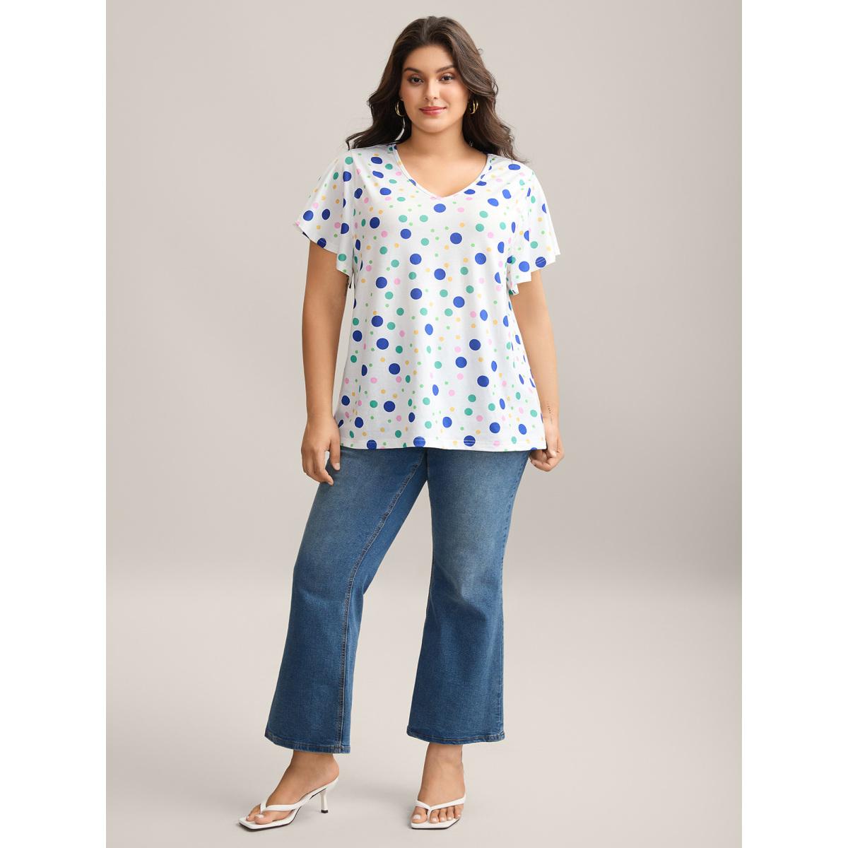 Plus Size Stretchy Playful Polka Dots Ruffled T-Shirt WhiteSmoke Women Contrast V-neck Everyday-Elegant T-shirts BloomChic 22-24/3X Product Image