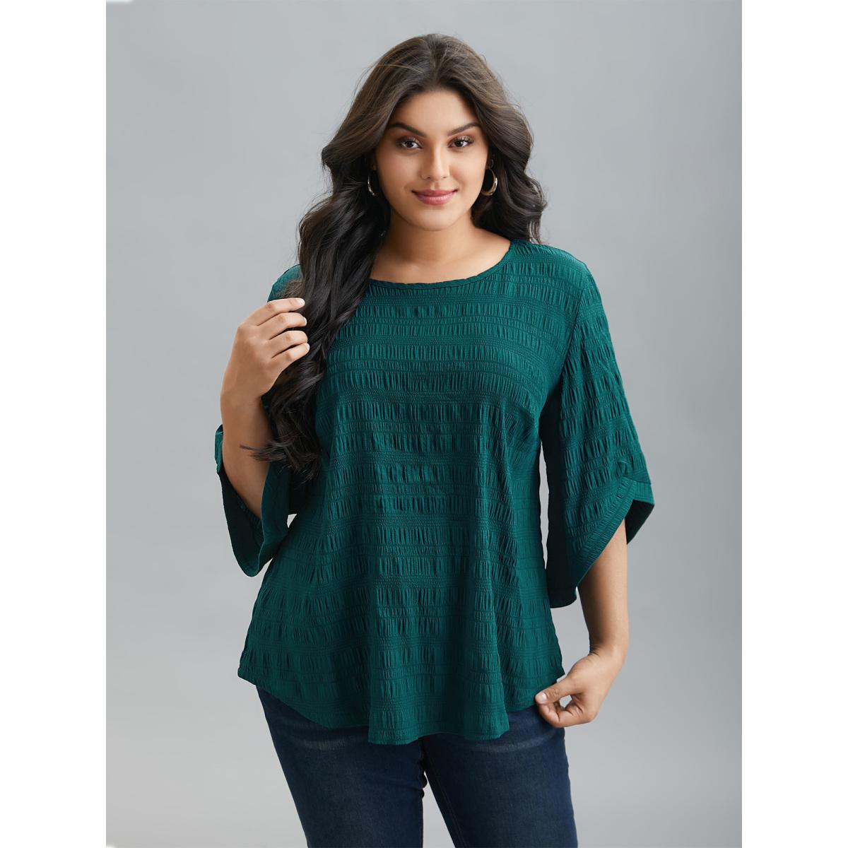 Plus Size Cyan Solid Textured Curved Hem Gathered Blouse Women Elegant Elbow-length sleeve Round Neck Everyday Blouses BloomChic 26/4X Product Image