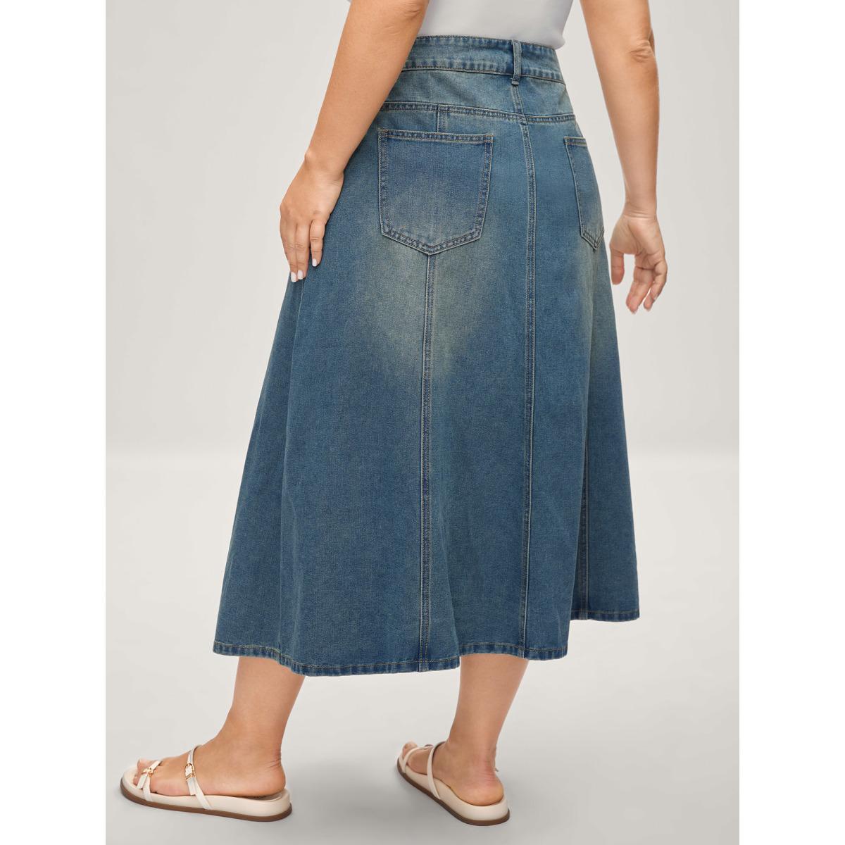 Plus Size Vintage Wash A-Line Denim Maxi Skirt Women Denimblue Casual No stretch Medium Wash 12/L Slanted pocket Leisure Denim Skirts BloomChic Product Image