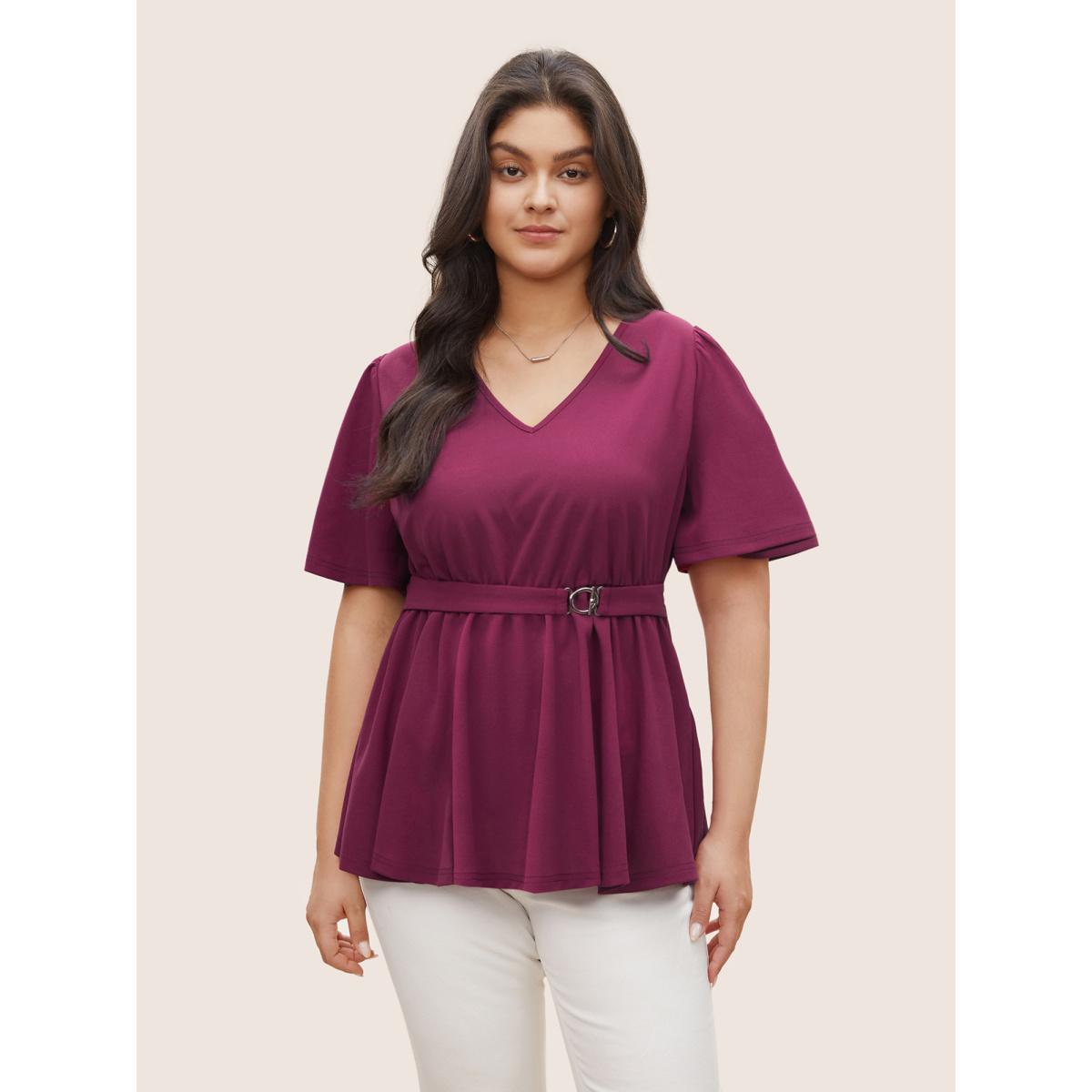 Plus Size Purple Solid Elastic Waist Flutter Sleeve Buckle Detail Blouse Women At the Office Short sleeve V-neck Work Blouses BloomChic 26/4X Product Image