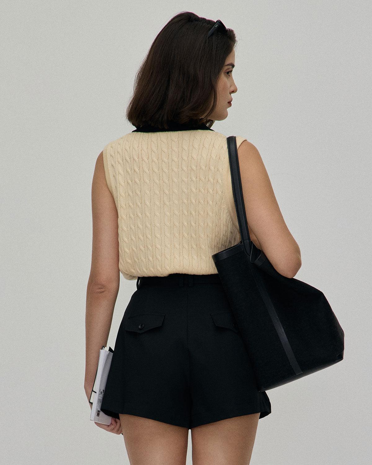 The Black High-waisted Pleated Belted Shorts Product Image