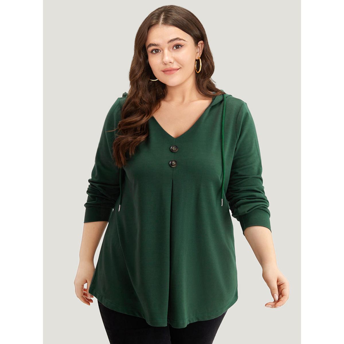 Plus Size Hooded Button Detail Plicated Detail Sweatshirt Women DarkGreen Casual Plain Hooded Everyday Sweatshirts BloomChic 14-16/1X Product Image