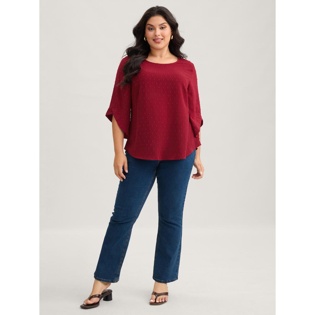 Plus Size Deepred Textured Round Neck Bell Sleeve Blouse Women Timeless Elbow-length sleeve Round Neck Elegant Blouses BloomChic 18-20/2X Product Image