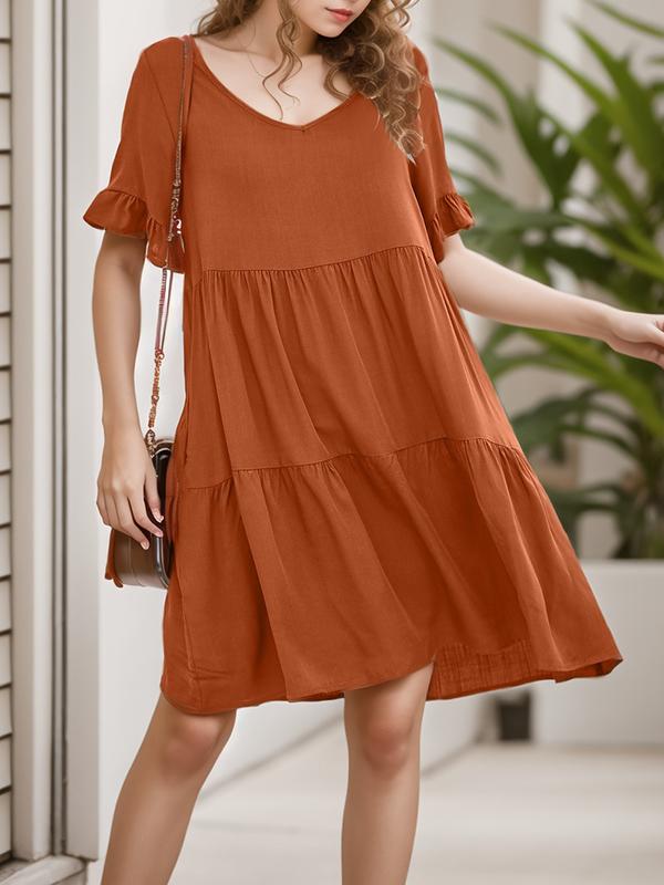 A-Line Flared Sleeves Pleated Pockets Ruffled Solid Color Split-Joint Round-Neck Mini Dresses Product Image