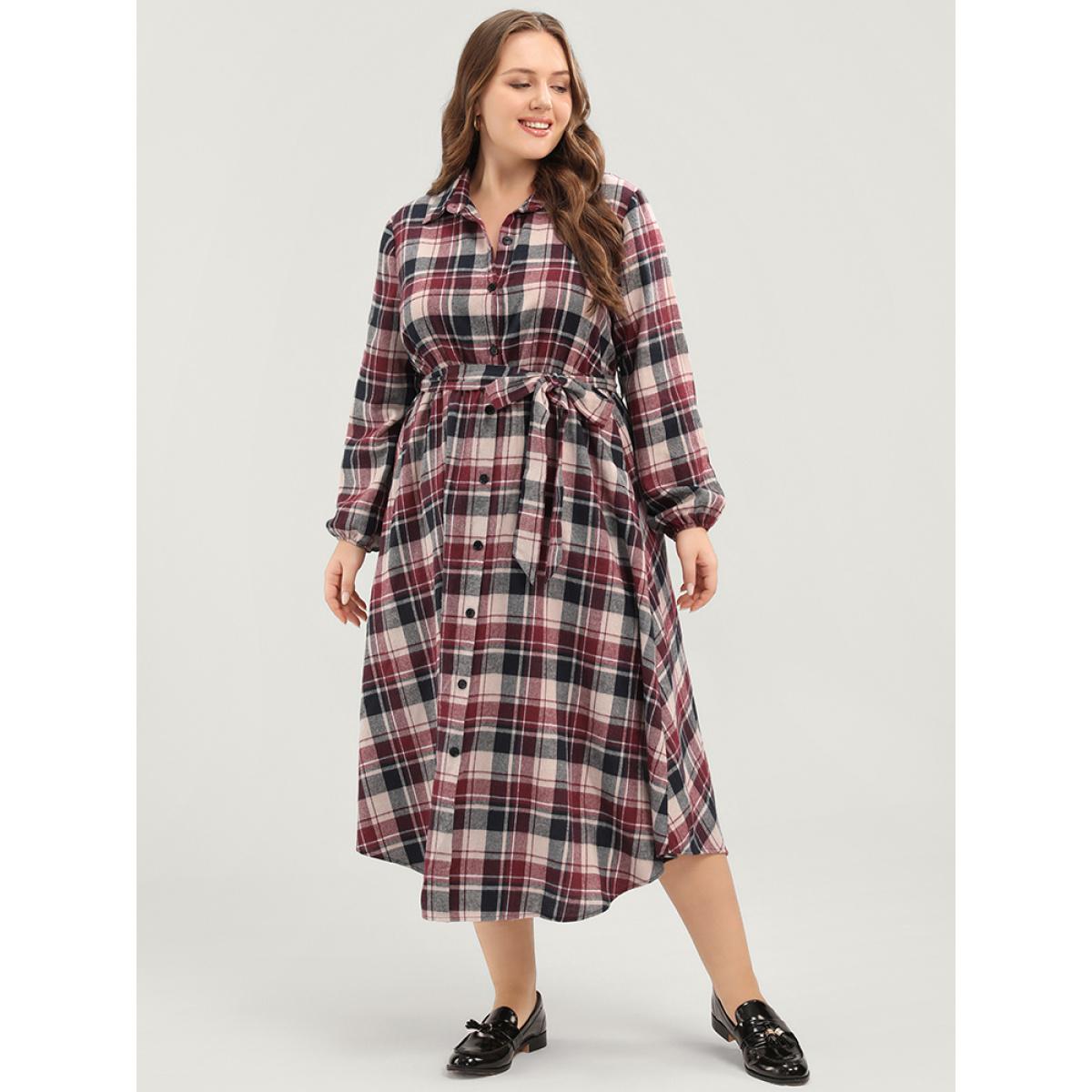 Plus Size Plaid Shirt Collar Pocket Belted Lantern Sleeve Button Up Dress Burgundy Women Elegant Shirt collar Long Sleeve Curvy Midi Dress BloomChic 28/5X Product Image