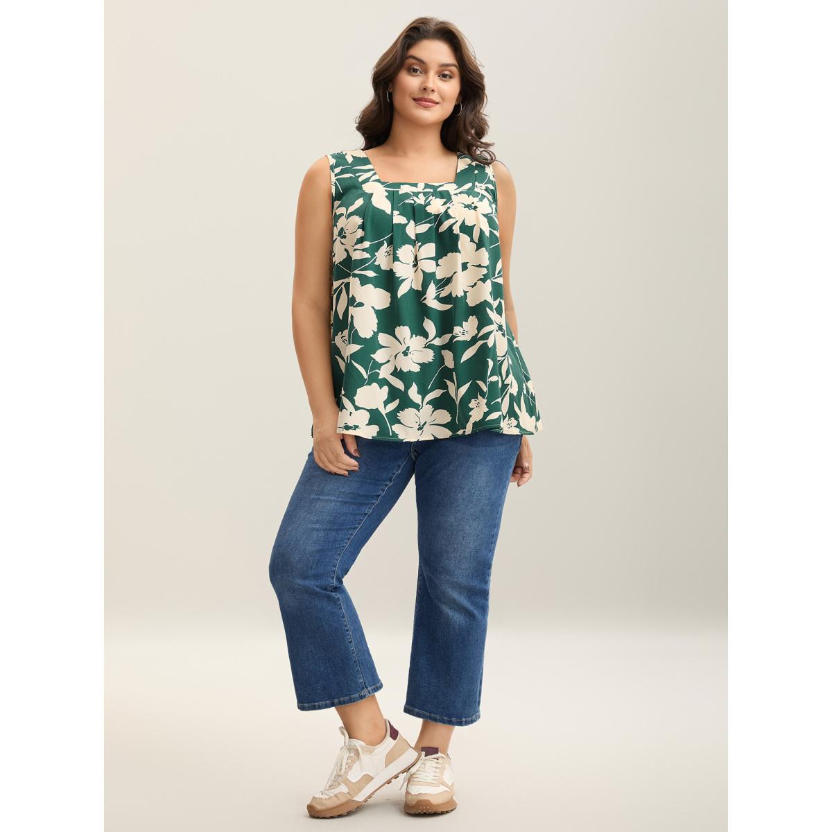 Plus Size Silhouette Flower Print Tank Top Women Teal Contrast Square Neck Everyday-Casual Tank Tops Camis BloomChic 26/4X Product Image