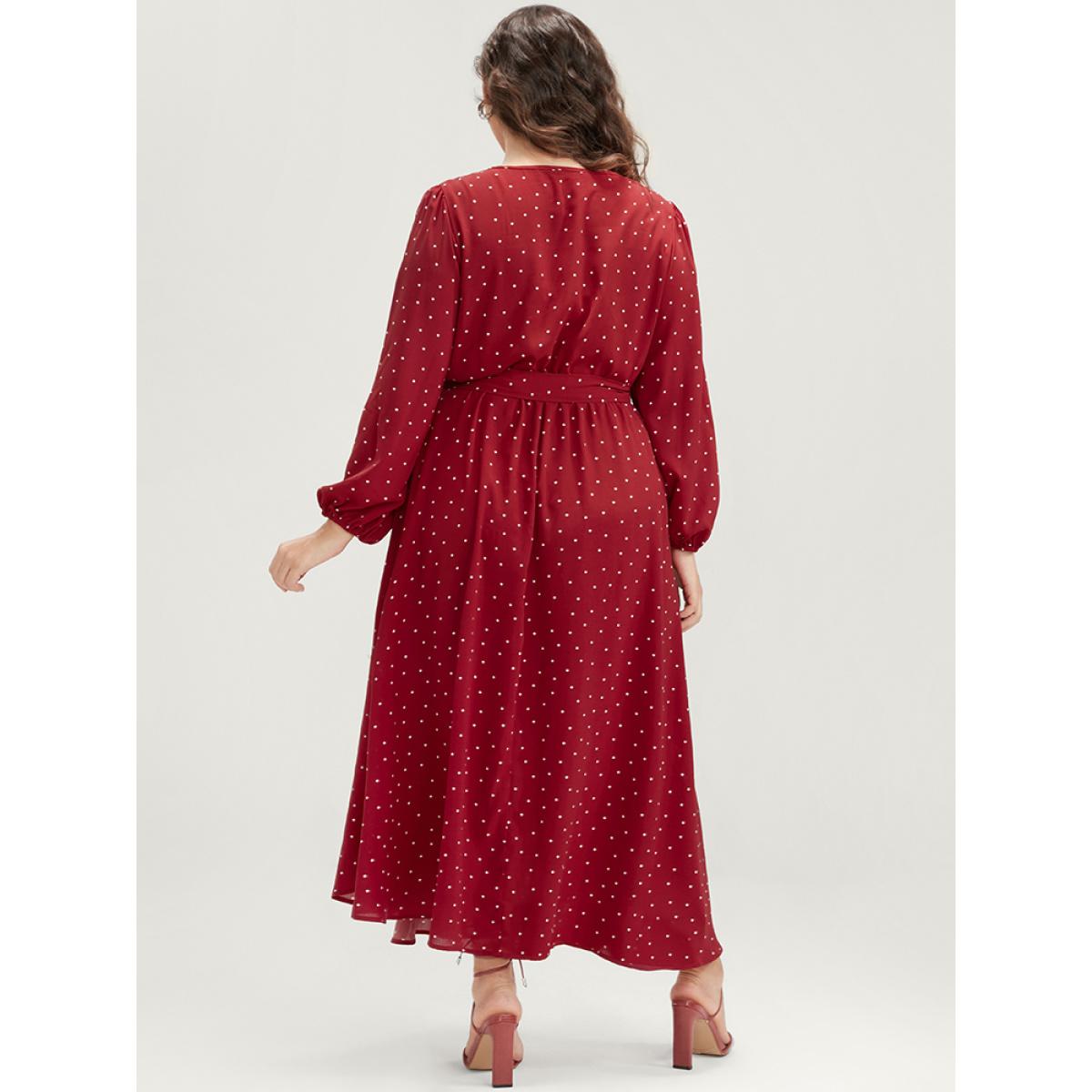 Plus Size Polka Dot Keyhole Round Neck Pocket Belted Ruffle Dress Scarlet Women Elegant Belted Round Neck Long Sleeve Curvy Long Dress BloomChic 14-16/1X Product Image