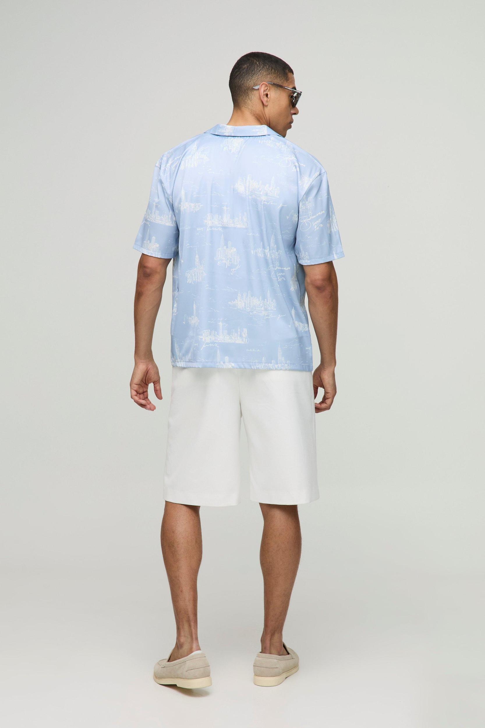 Oversized Scenic Print Satin Revere Shirt | boohooMAN USA Product Image