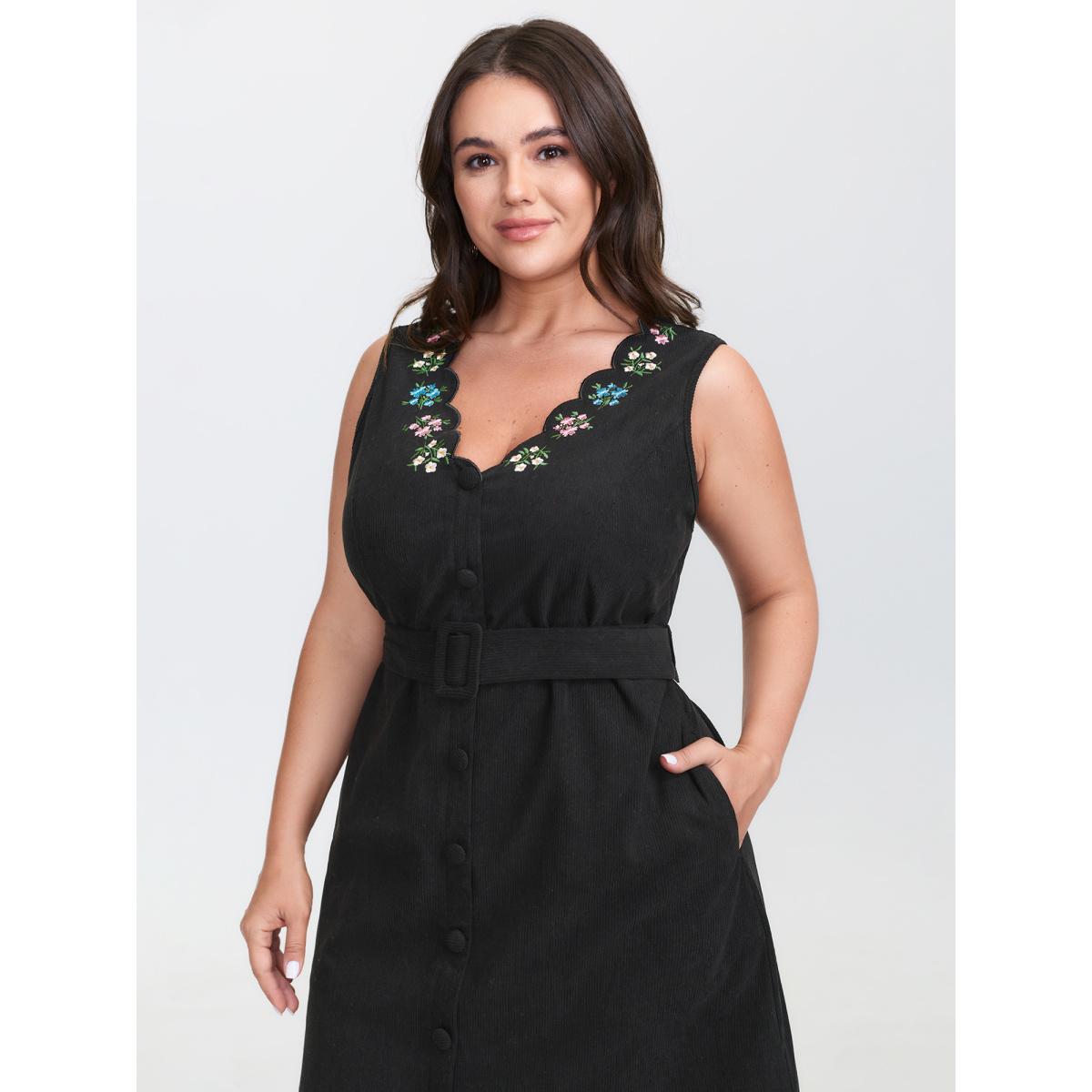 Plus Size Colorful Floral Embroidered Neckline Midi Dress Black Women Leisure Texture V-neck Sleeveless Curvy BloomChic 18-20/2X Product Image