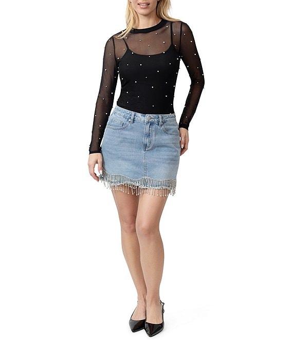 Stevie by Steve Madden Power Mesh Faux Pearl Crew Neck Long Sleeve Cami Top Product Image