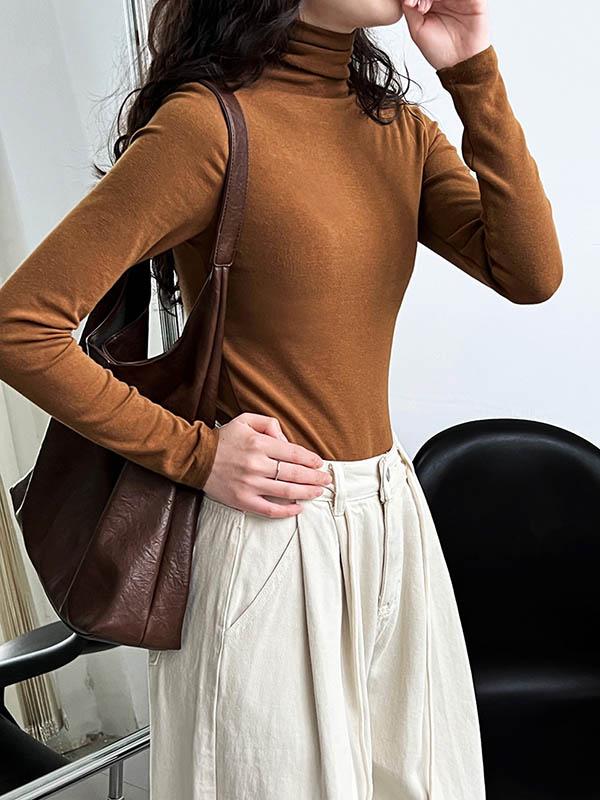 Long Sleeves Skinny Solid Color Split-Joint High Neck T-Shirts Product Image