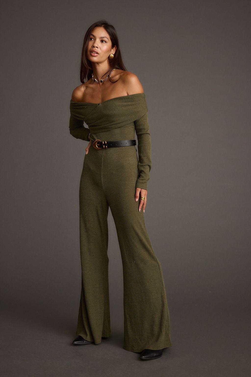 Greenwich Olive Knit Off The Shoulder Jumpsuit Product Image