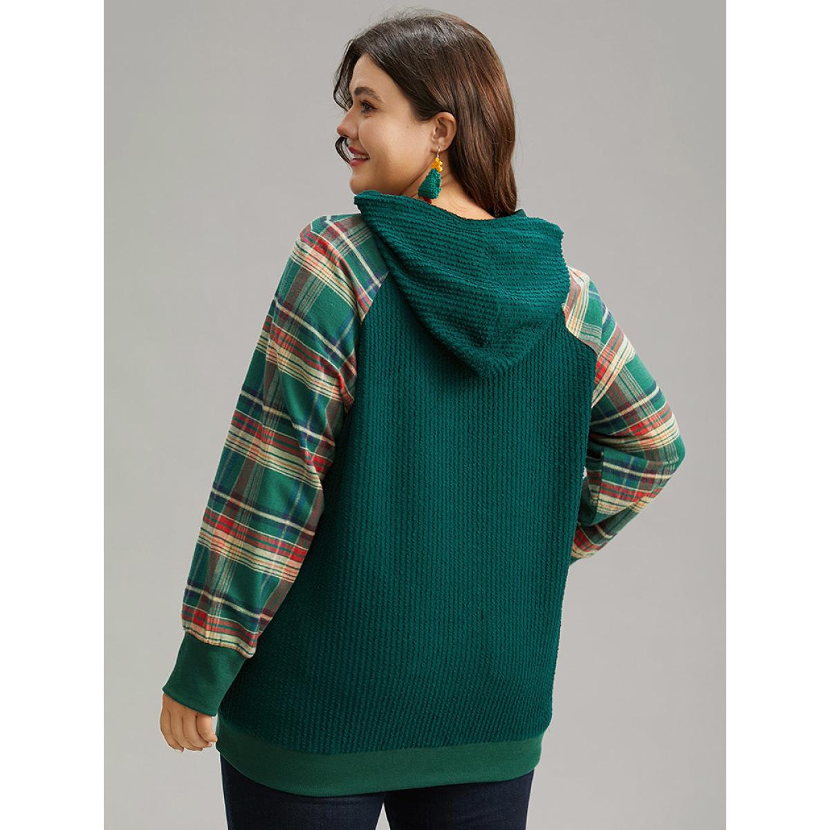 Plus Size Plaid Contrast Pocket Rib Knit Hooded Sweatshirt Women Green Casual Rib Knit Hooded Festival-Christmas Sweatshirts BloomChic 10/M Product Image