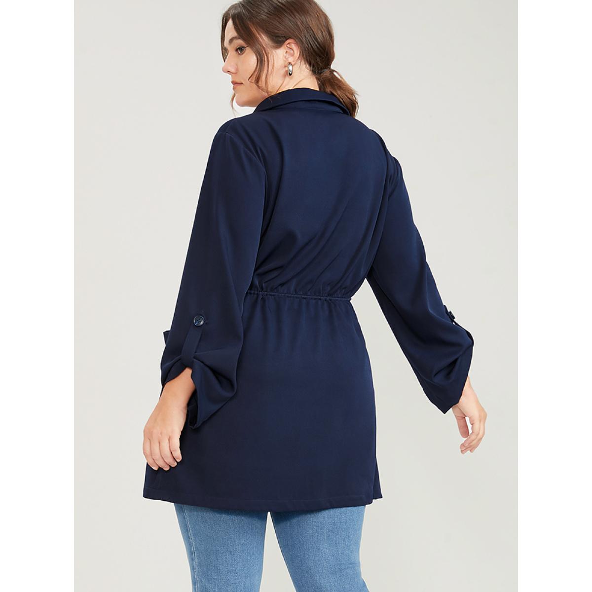 Plus Size Solid Pocket Button Up Cuffed Sleeve Drawstring Coat Women Navy Elegant Pocket Ladies Dailywear Winter Coats BloomChic 30/6X Product Image