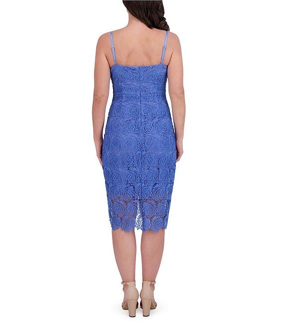SIENA Solid Heavy Lace Knit V-Neck Sleeveless Spaghetti Straps Sheath Dress Product Image