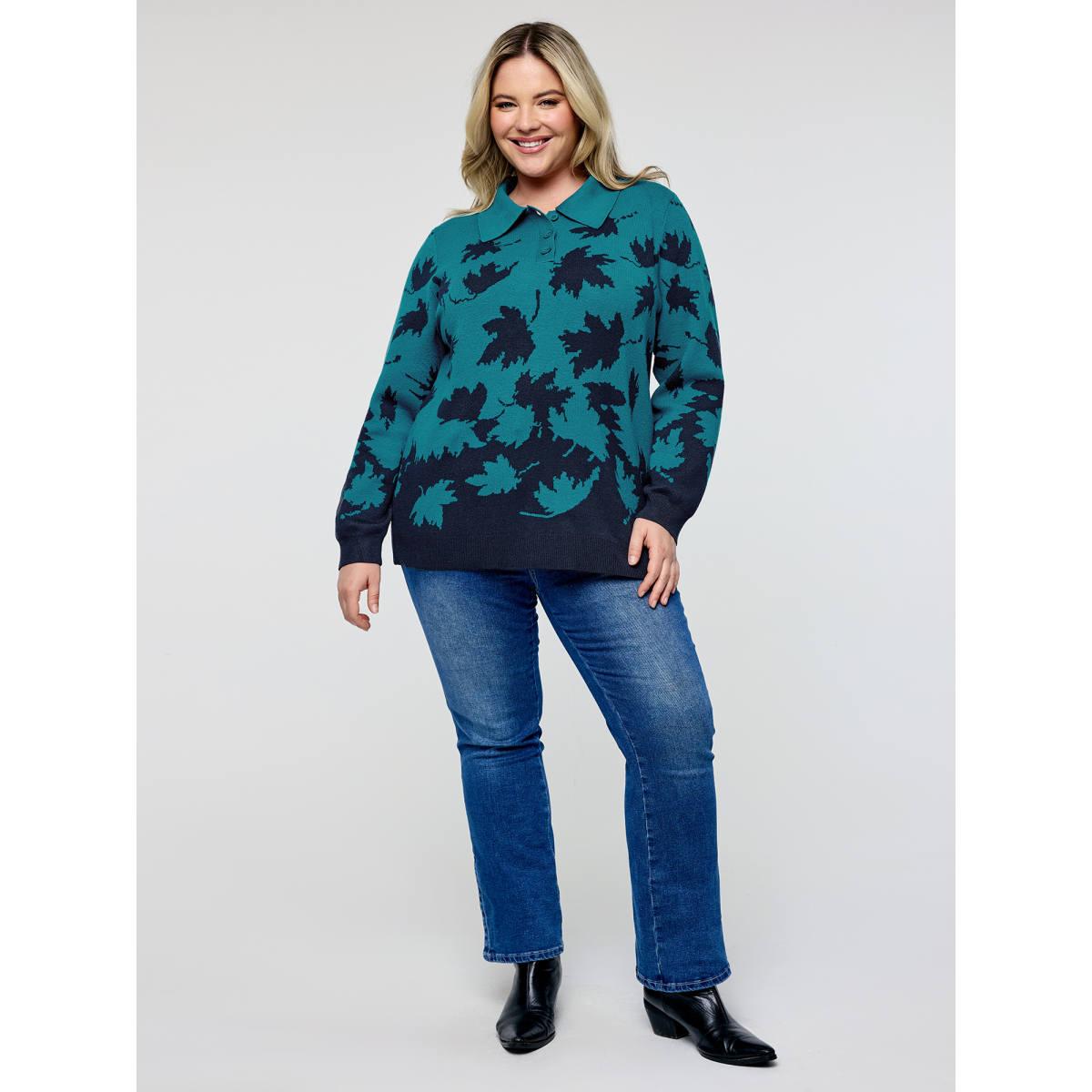 Plus Size Crisp Fall Leaf Polo Neck Pullover Cerulean Women Casual Loose Long Sleeve Polo Casual Pullovers BloomChic 30/6X Product Image