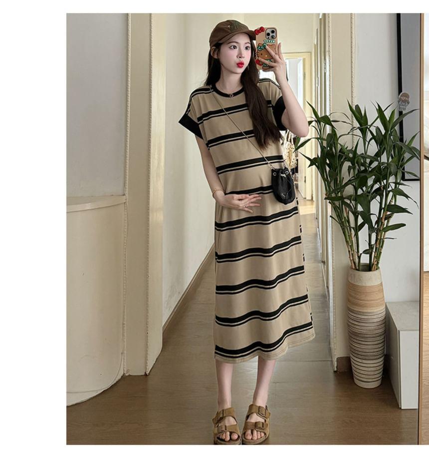 Maternity Short-Sleeve Round Neck Striped Midi T-Shirt Dress Product Image