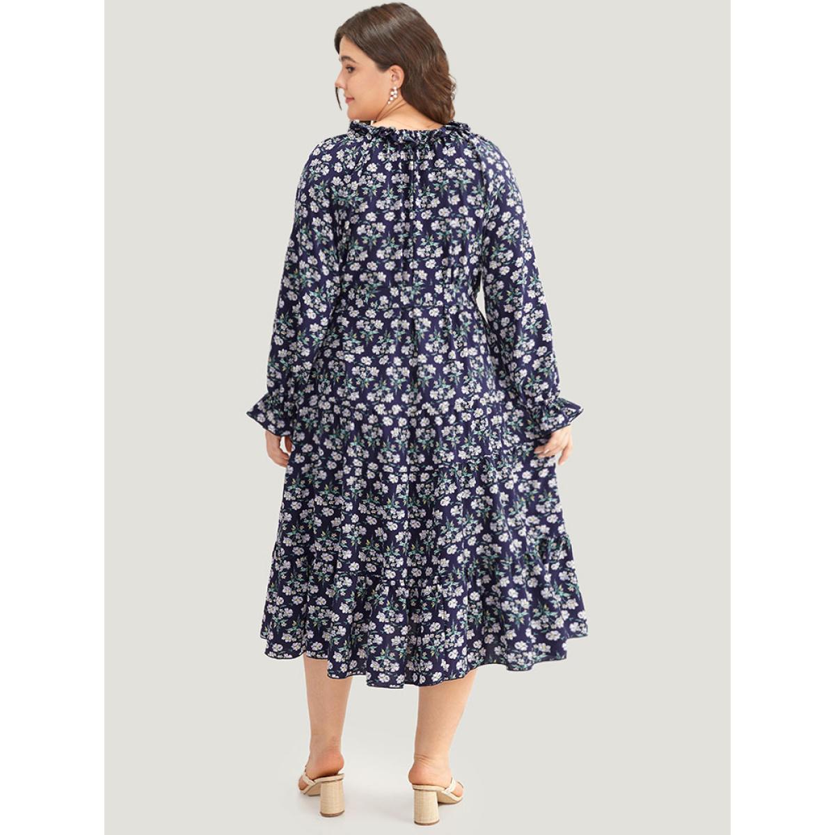 Plus Size Ditsy Floral Pocket Tie Neck Frill Trim Dress Indigo Women Vacation Cross straps Tie Neck Long Sleeve Curvy Midi Dress BloomChic 10/M Product Image