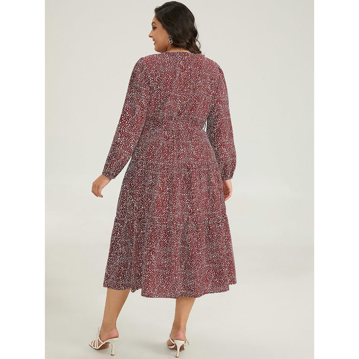 Plus Size Polka Dot Lantern Sleeve Belted Dress Burgundy Women Elegant Elastic cuffs V-neck Long Sleeve Curvy Midi Dress BloomChic 22-24/3X Product Image