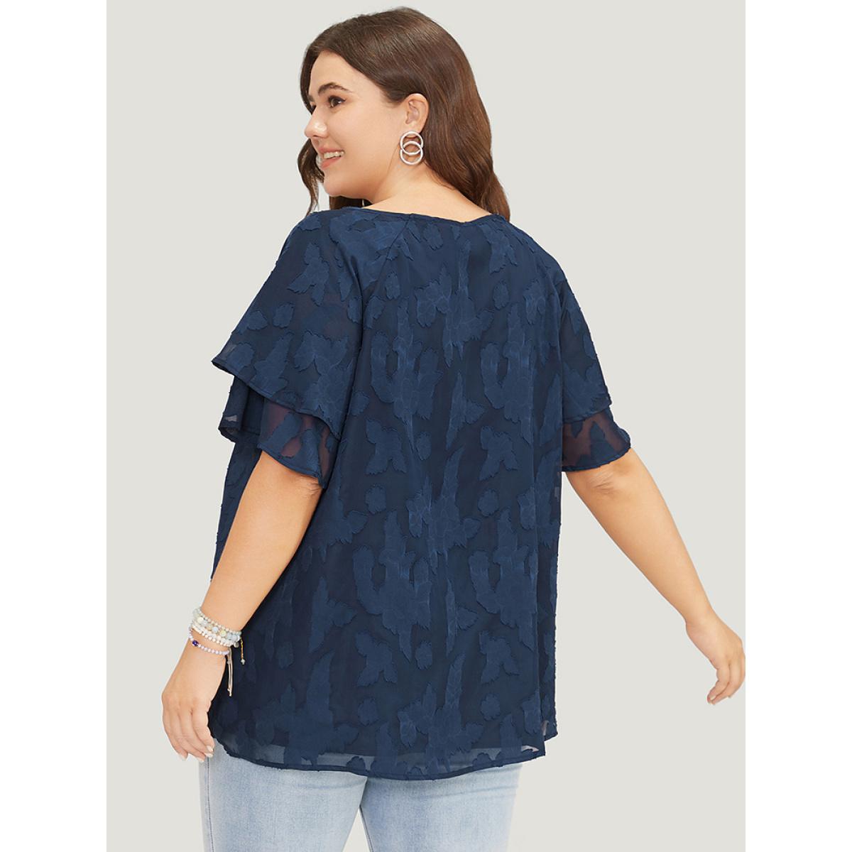 Plus Size Indigo Floral Print Ruffle Tiered Raglan Sleeve Mesh Blouse Women Elegant Short sleeve Round Neck Everyday Blouses BloomChic 18-20/2X Product Image