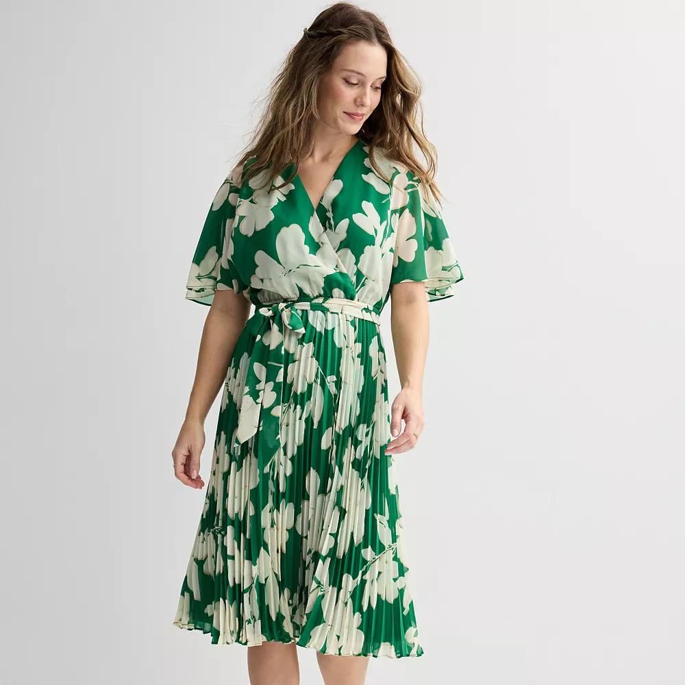 Women's Sandra Darren Chiffon Surplice Pleated Floral Midi Dress, Size: 6, Green White Product Image