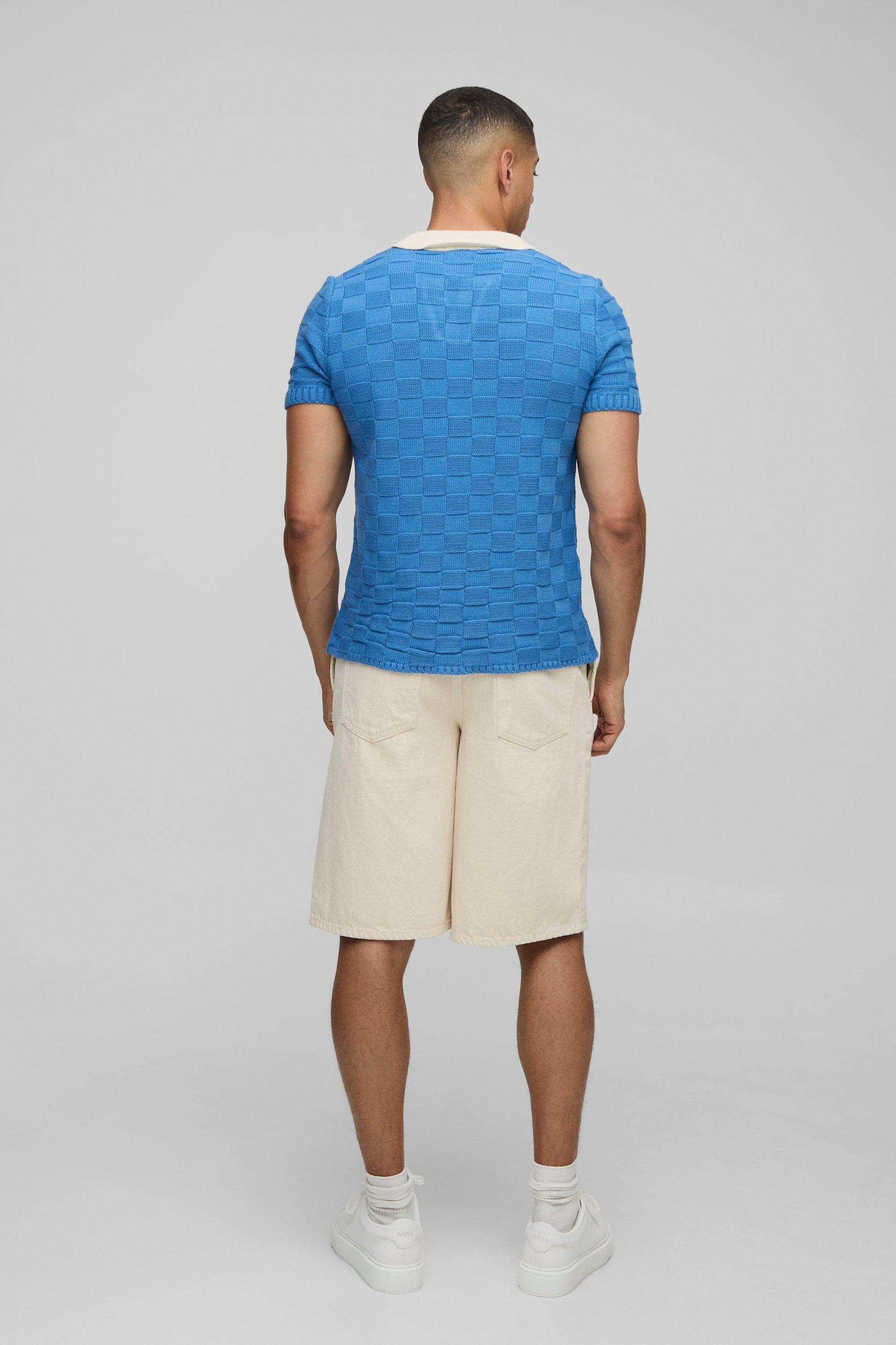Regular Fit V Neck Plaid Knitted Polo | boohooMAN USA Product Image
