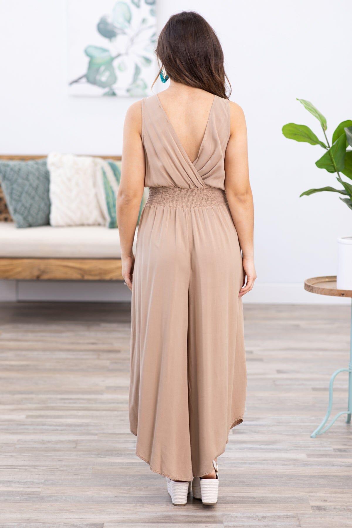 Tan Surplice Front Smocked Waist Jumpsuit Product Image