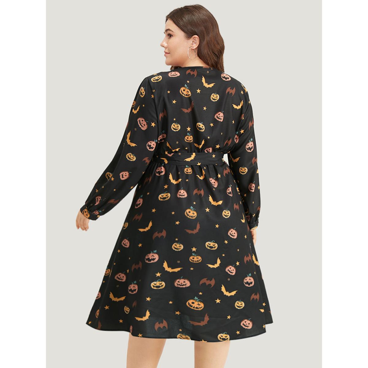 Plus Size Halloween Lantern Sleeve Belted Dress Black Women Casual Belted V-neck Long Sleeve Curvy Midi Dress BloomChic 10/M Product Image