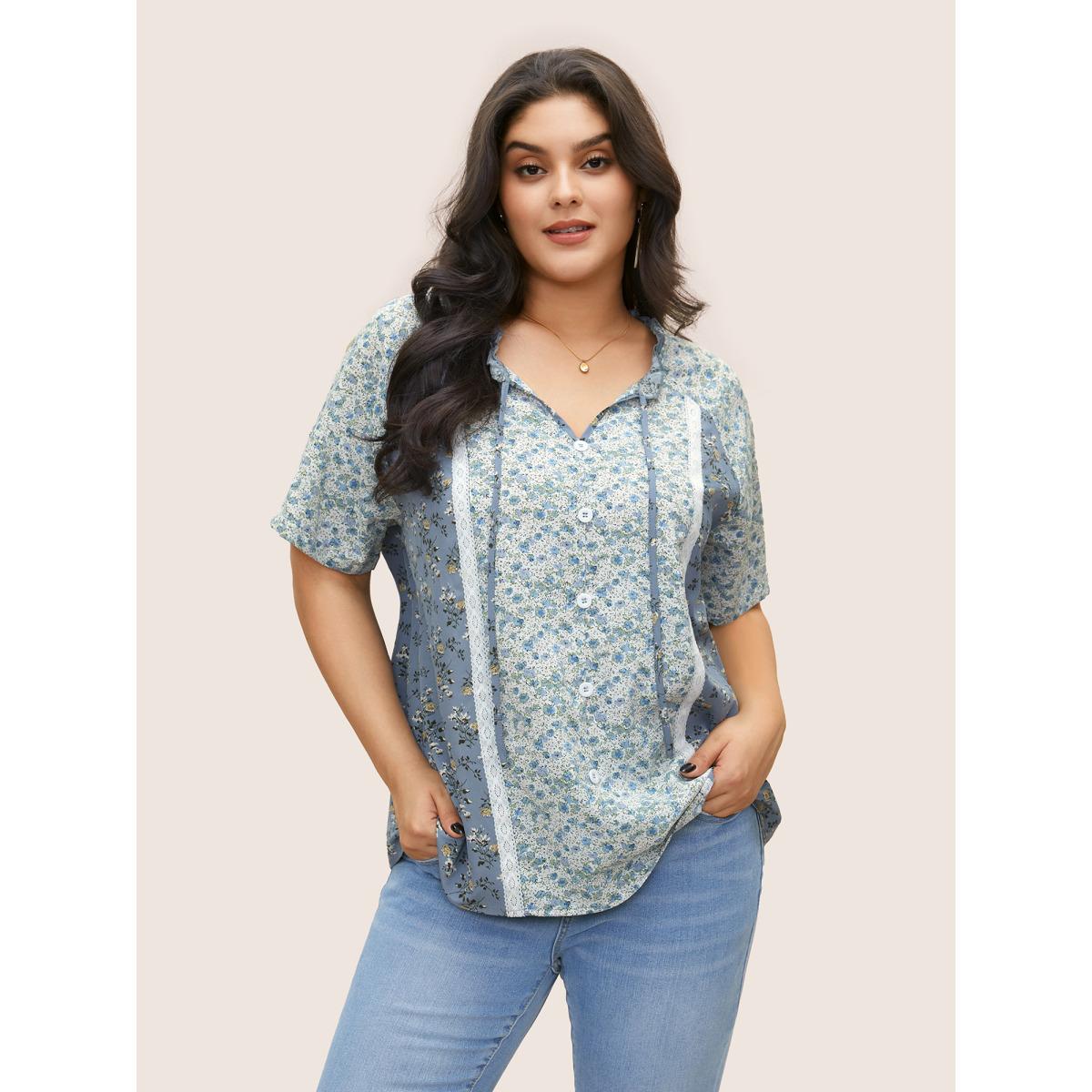 Plus Size Stone Ditsy Floral Ruffles Lace Patchwork Ties Blouse Women Elegant Short sleeve Notched collar Everyday Blouses BloomChic 22-24/3X Product Image