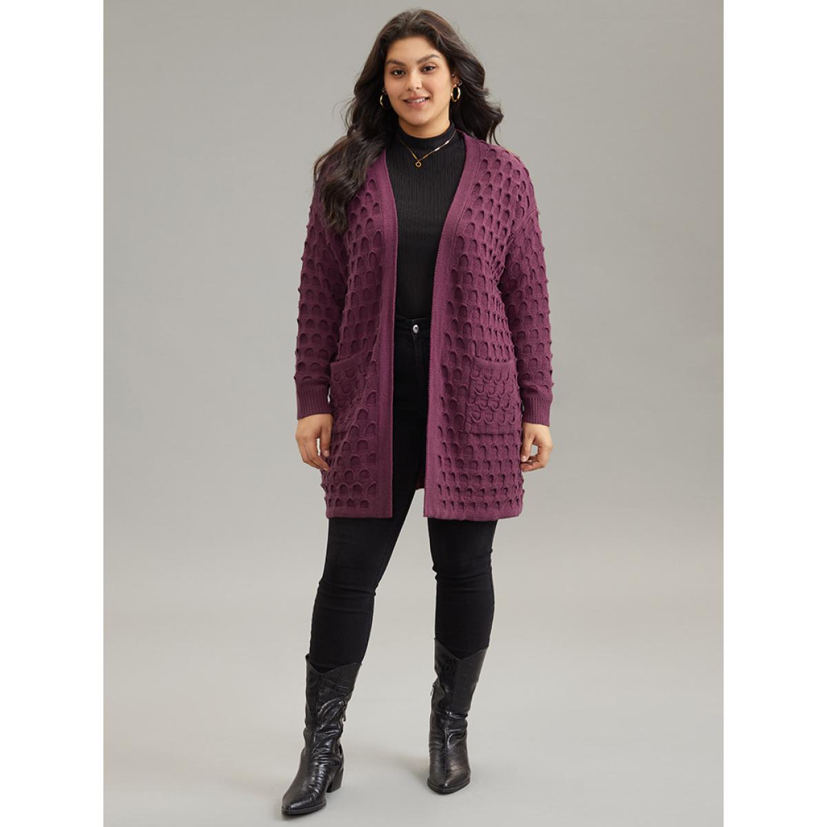 Plus Size Open Front Plisse Patched Pocket Loose Cardigan RedViolet Women Casual Loose Long Sleeve Everyday Cardigans BloomChic 28/5X Product Image