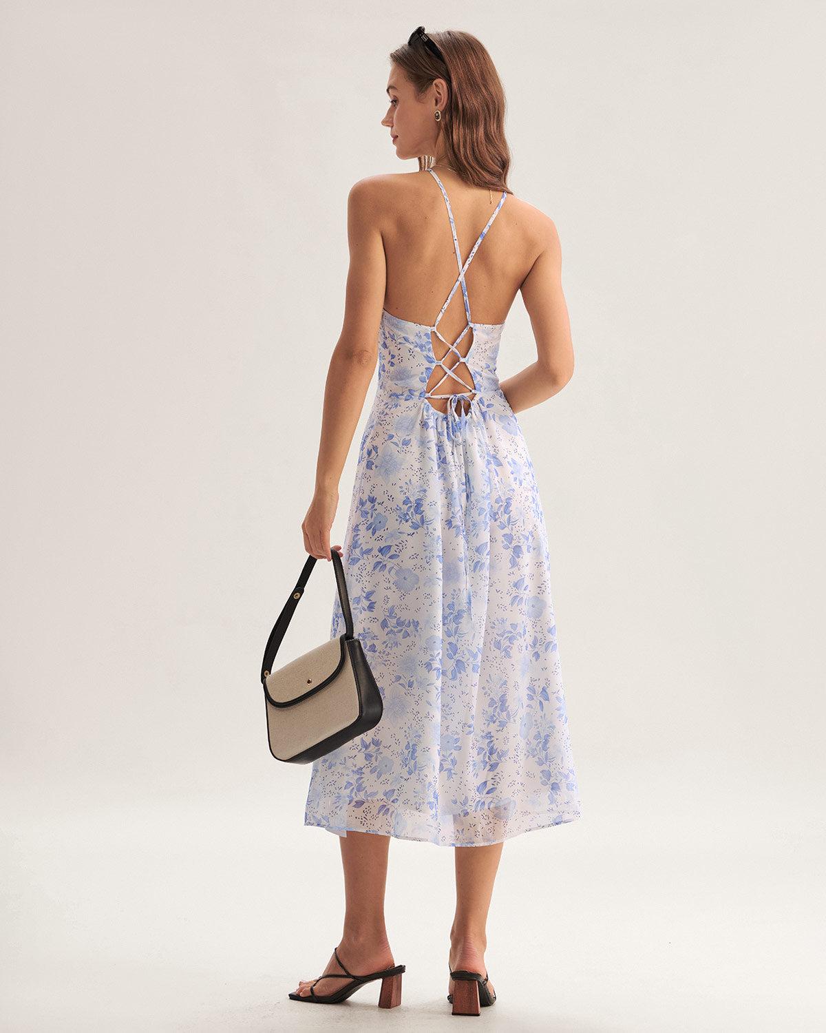 Blue Floral Halter Midi Dress Product Image