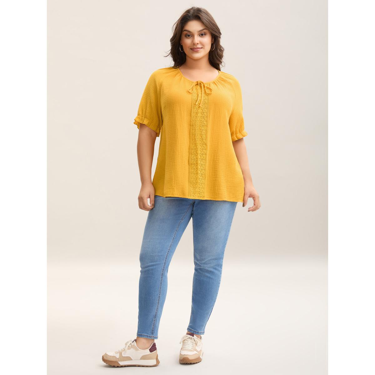 Plus Size Turmeric Pure Cotton Lace Placket Tied Blouse Women Short sleeve Round Neck Casual Blouses BloomChic 28/5X Product Image
