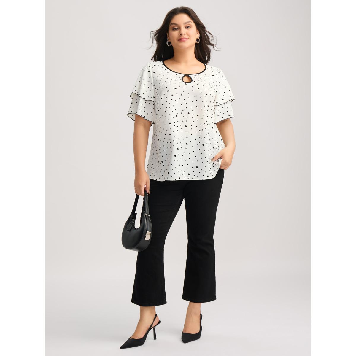 Plus Size Originalwhite Polka Dots Contrast Layered Sleeve Blouse Women Office Short sleeve Round Neck Office Blouses BloomChic 30/6X Product Image