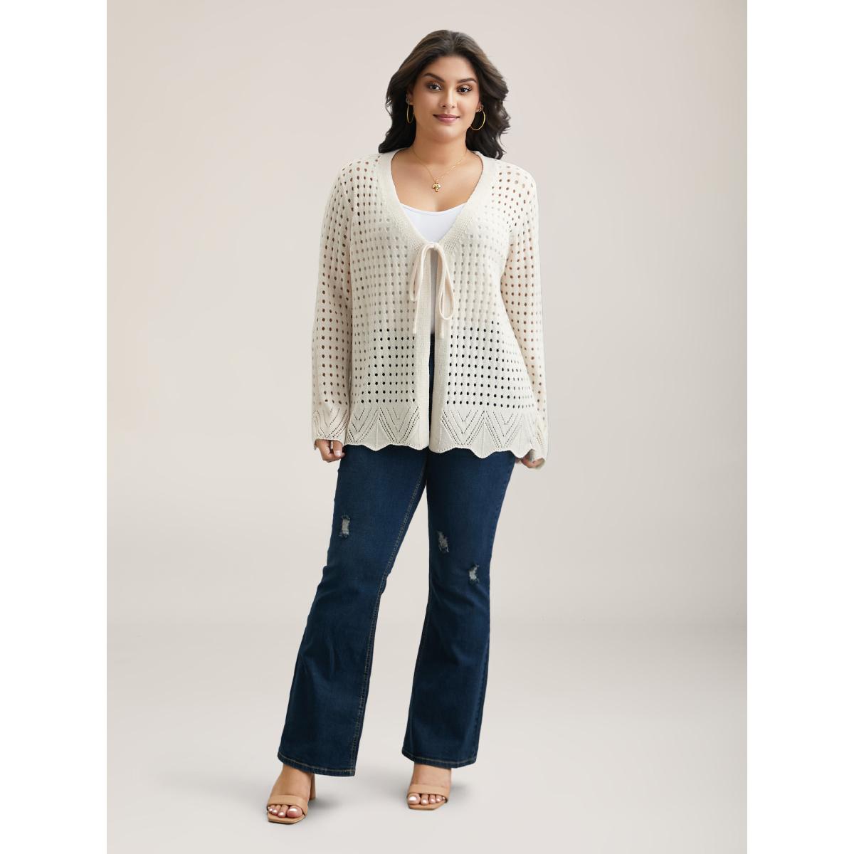 Plus Size Cut-Out Neck Tie Knit Cardigan Ivory Women Casual Loose Long Sleeve Everyday Cardigans BloomChic 22-24/3X Product Image