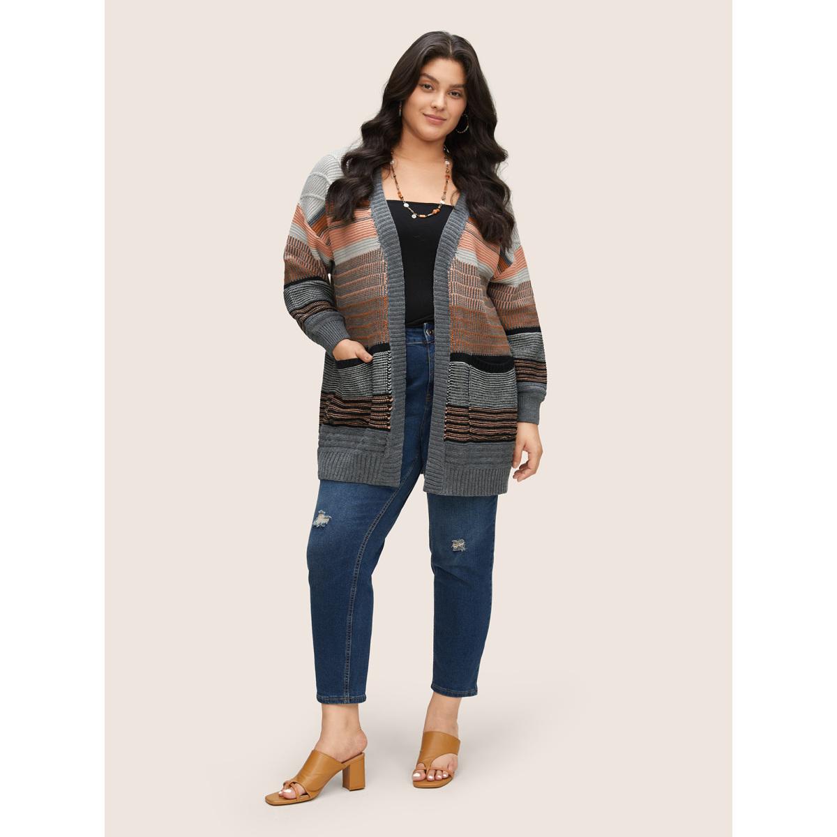 Plus Size Textured Patchwork Contrast Pocket Open Front Cardigan Gray Women Casual Loose Long Sleeve Dailywear Cardigans BloomChic 22-24/3X Product Image