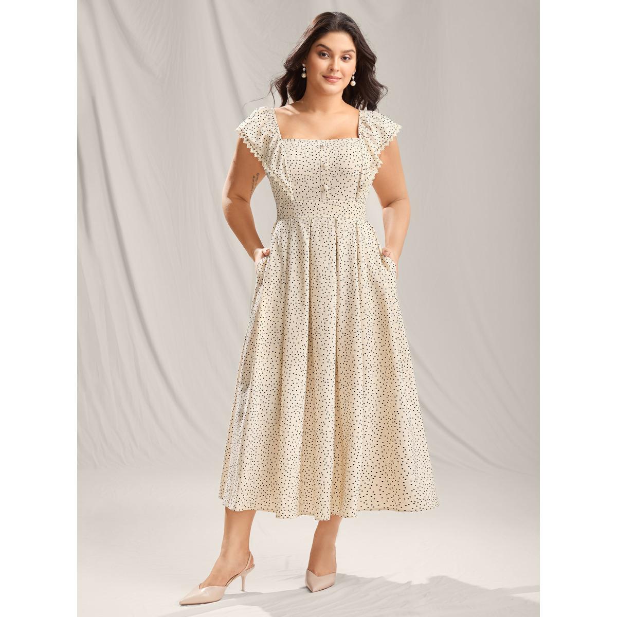 Plus Size Polka Dot Cinched-Waist Pockets Midi Dress Apricot Women Square Neck Cap Sleeve Curvy BloomChic 30/6X Product Image