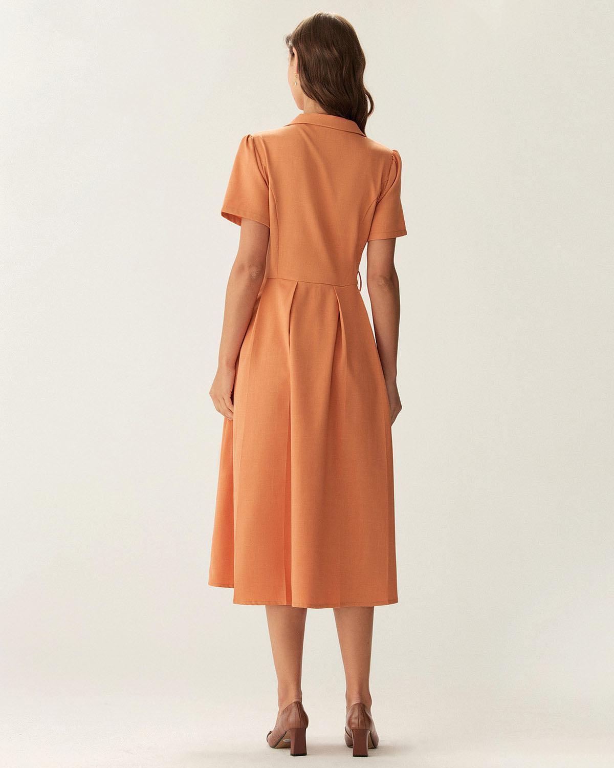 Orange V Neck Pleated Button Midi Dress Product Image
