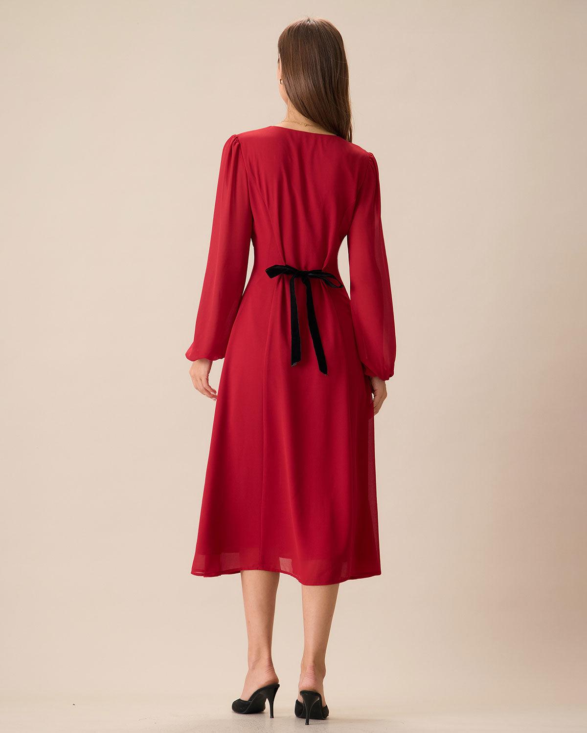 Women's Red V-Neck Puff Sleeve Slit Midi Dress Female Product Image
