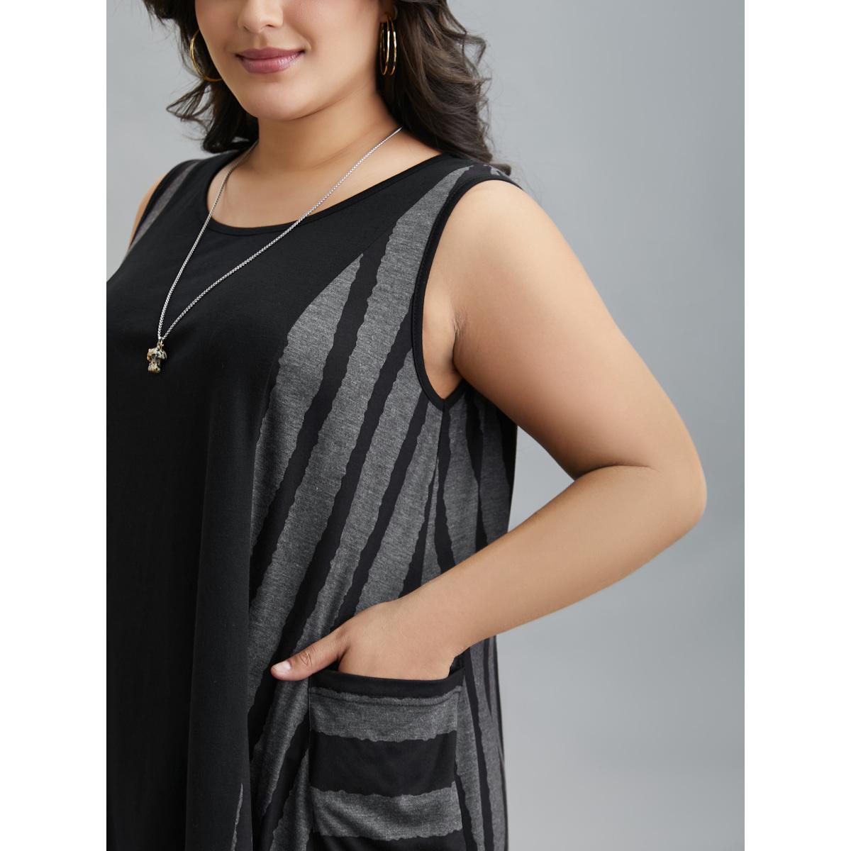Plus Size Striped Spliced Pockets Hi-Low Hem Vest Women Black Casual Contrast Round Neck Everyday Tank Tops Camis BloomChic 30/6X Product Image