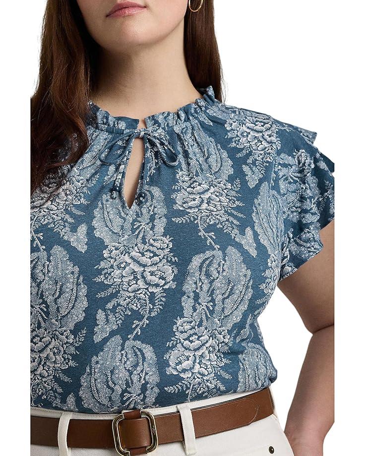 Women's Lauren Ralph Lauren Plus-Size Floral Linen-Blend Jersey Tie-Neck Top Product Image