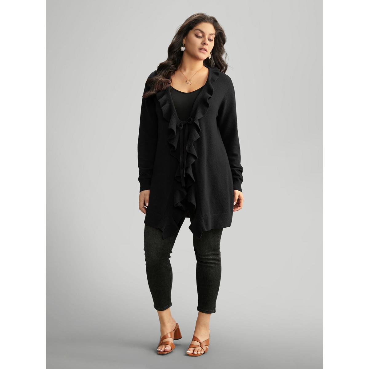 Plus Size Supersoft Essentials Solid Ruffle Trim Ties Cardigan Black Women Elegant Long Sleeve Everyday Cardigans BloomChic 14-16/1X Product Image