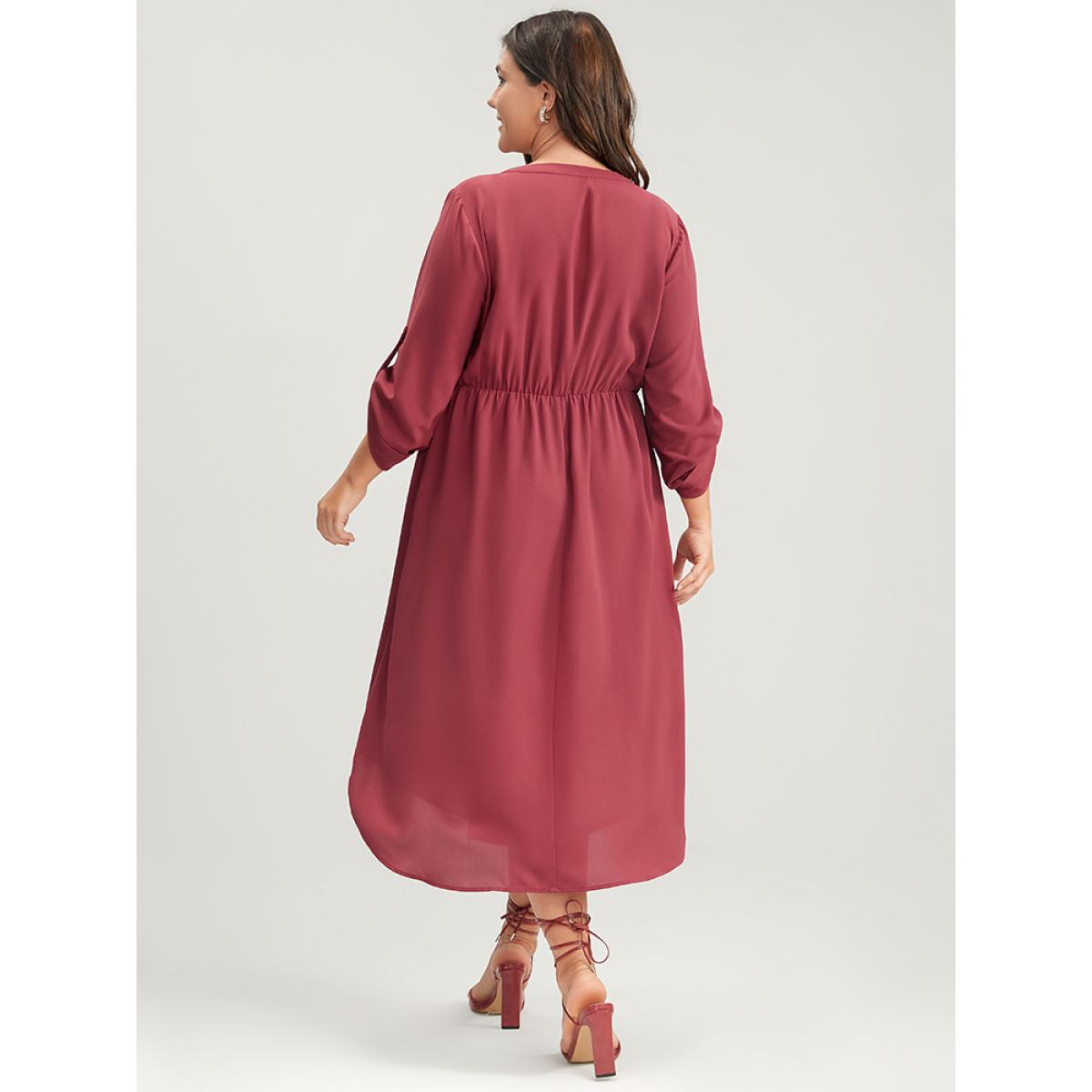 Plus Size Solid Zipper Cuffed Sleeve Pocket Tie Up Asymmetrical Hem Dress Russet Women Office Zipper V-neck Long Sleeve Curvy Midi Dress BloomChic 26/4X Product Image