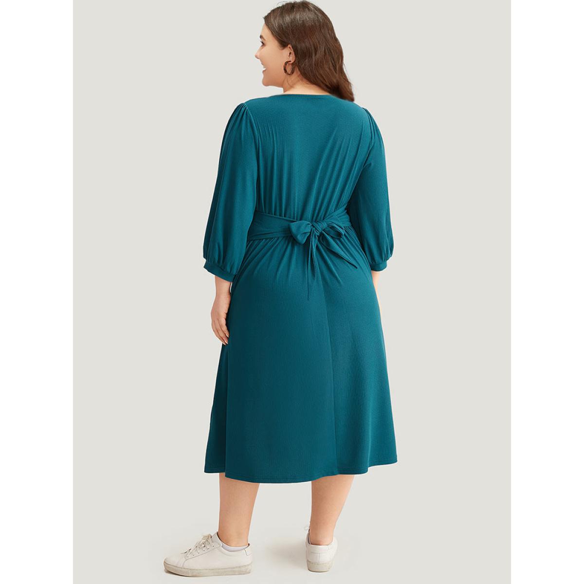 Plus Size Rib Knit Bowknot Ties Button Detail Gathered Dress Aegean Women Casual Plain V-neck Elbow-length sleeve Curvy Midi Dress BloomChic 22-24/3X Product Image