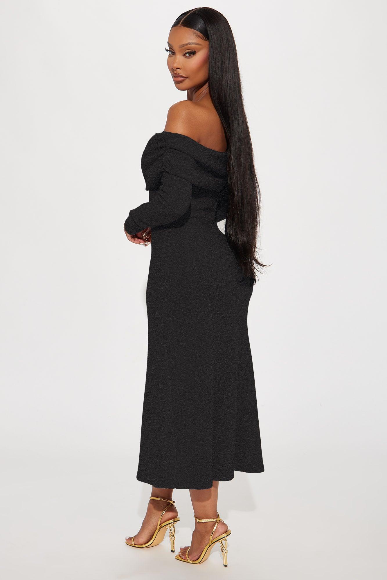 Tell Me More Off Shoulder Midi Dress - Black Product Image