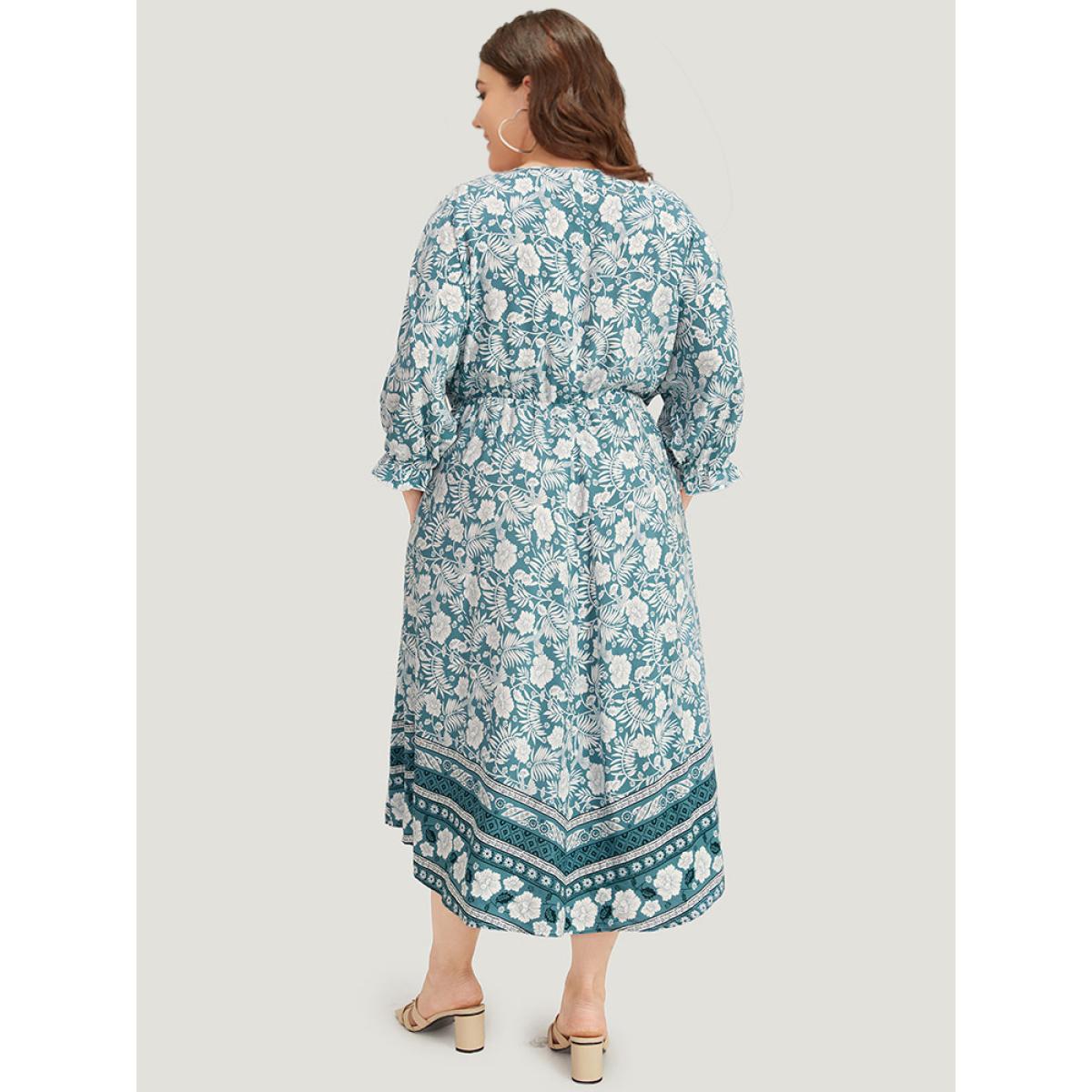 Plus Size Floral Print Pocket Surplice Neck Ruffle Trim Dress Turquoise Women Vacation Elastic cuffs V-neck Elbow-length sleeve Curvy Midi Dress BloomChic 14-16/1X Product Image