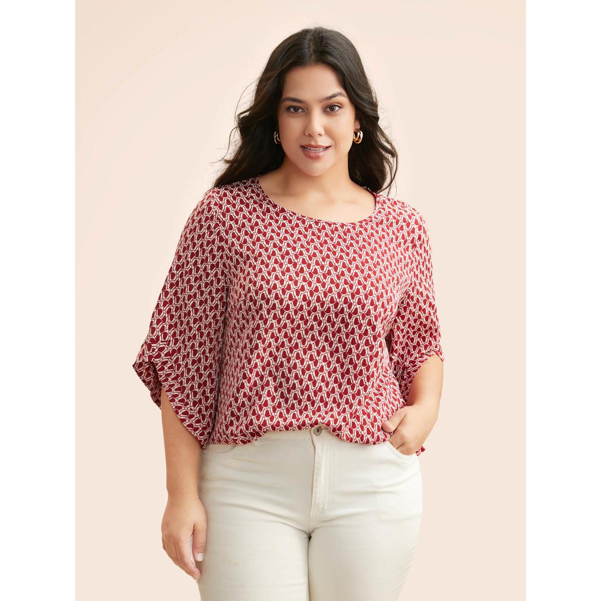 Plus Size Scarlet Geometric Round Neck Bell Sleeve Blouse Women At the Office Three Quarter Length Sleeve Round Neck Office Blouses BloomChic 28/5X Product Image
