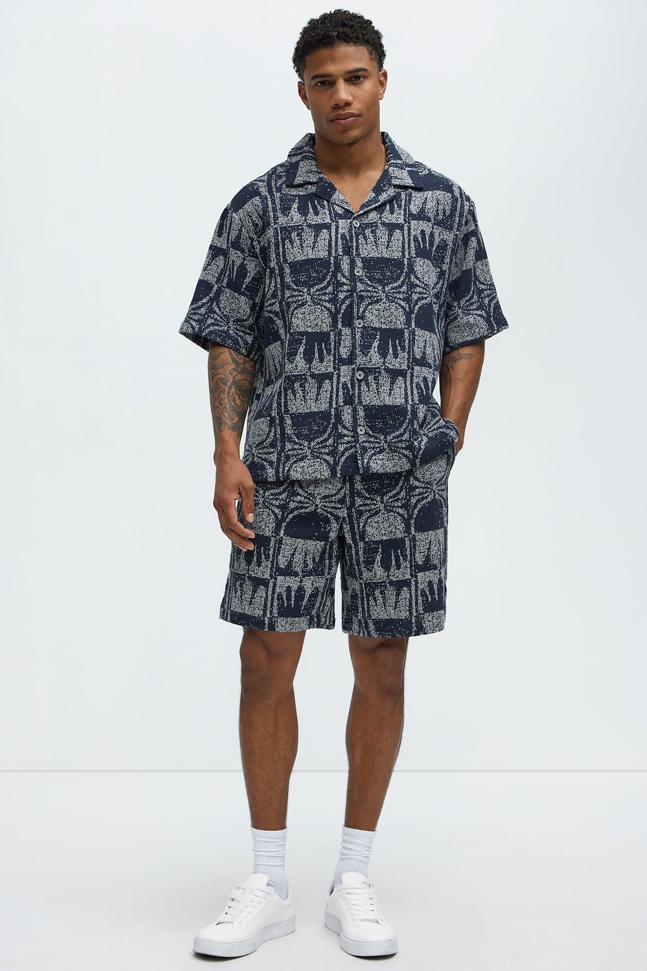 Tribal Pattern Cuban Button Down Shirt - Navy/combo Product Image