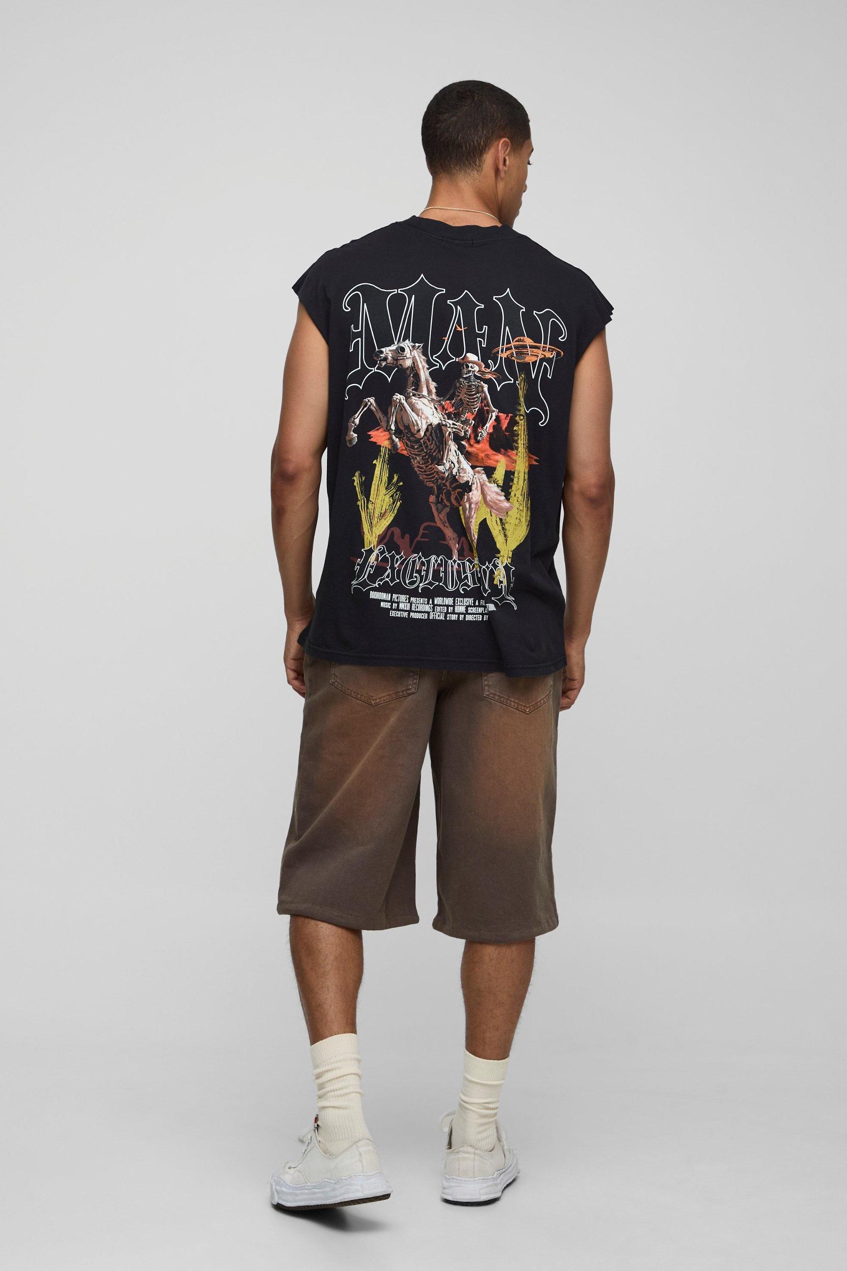 Black Oversized Extended Neck Washed Western Graphic Tank | boohooMAN USA Product Image