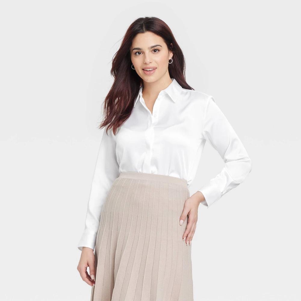 Women's Long Sleeve Collared Satin Button-Down Shirt - A New Day™ White 4X: Relaxed Fit, Lightweight, Plus Size, Machine Washable Product Image